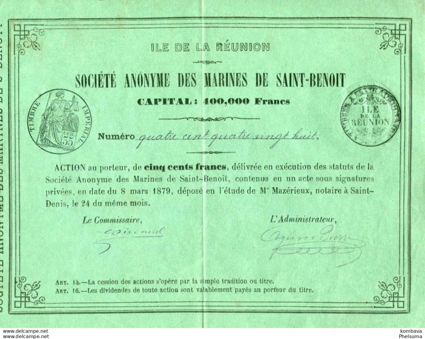 Rarissime : La REUNION -  - Action Signée De La Société Anonyme Des Marines De Saint Benoît  ( VP 179 ) - Transports