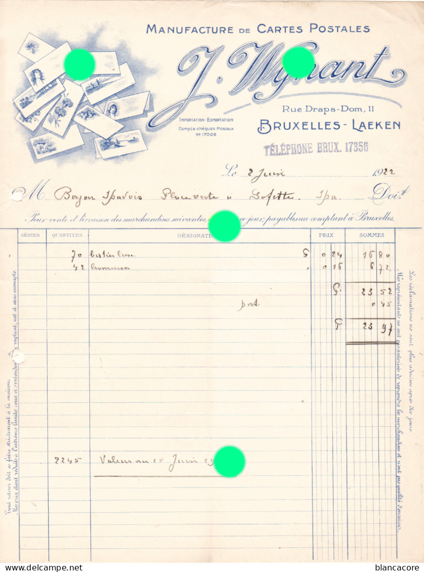 BRUXELLES LAEKEN Wynant Manufacture De Cartes Postales 1922 - Imprimerie & Papeterie