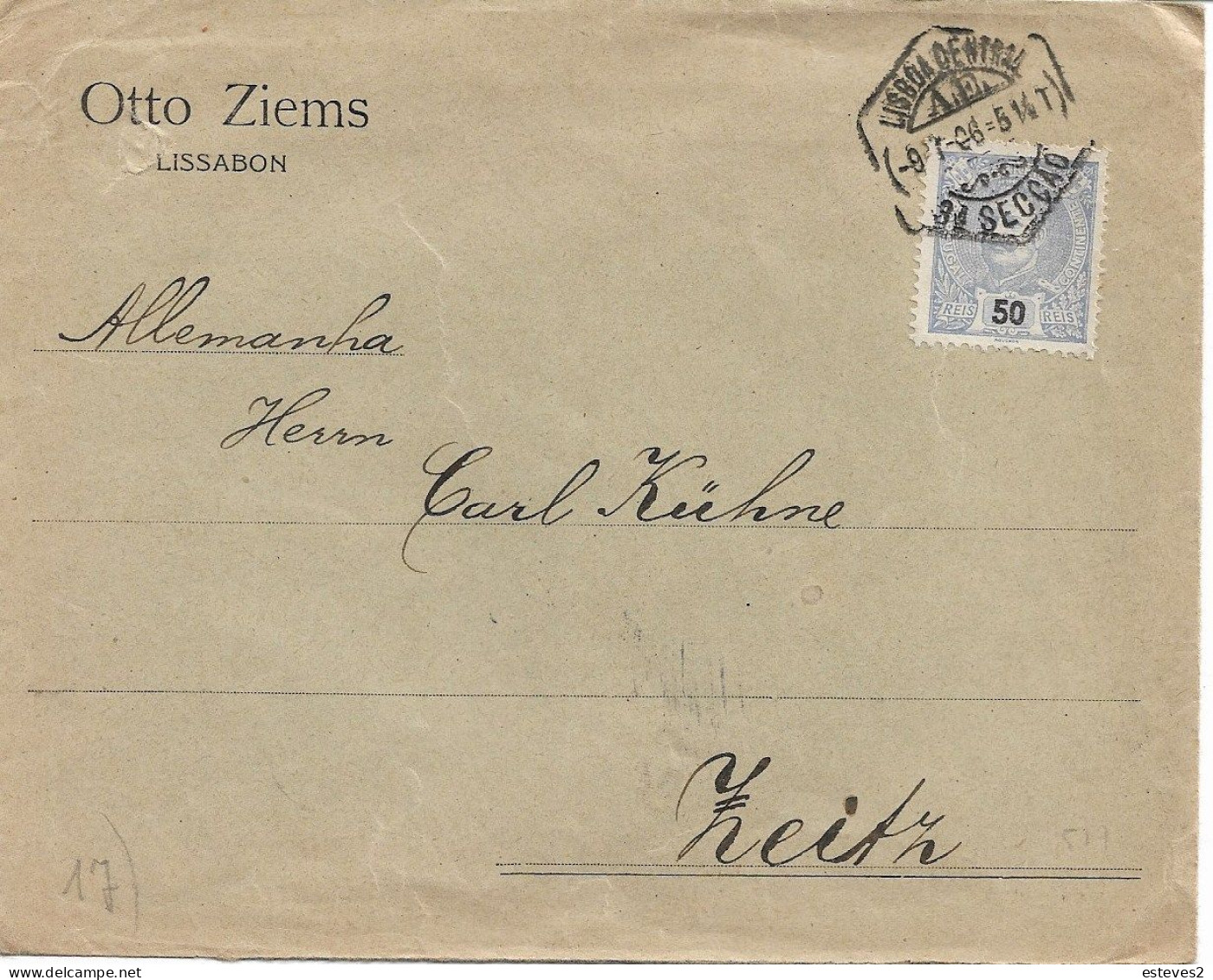 Portugal 1906 ,  D. Carlos I 50 Rs , Lisboa Central And Zeitz Postmarks - Lettres & Documents