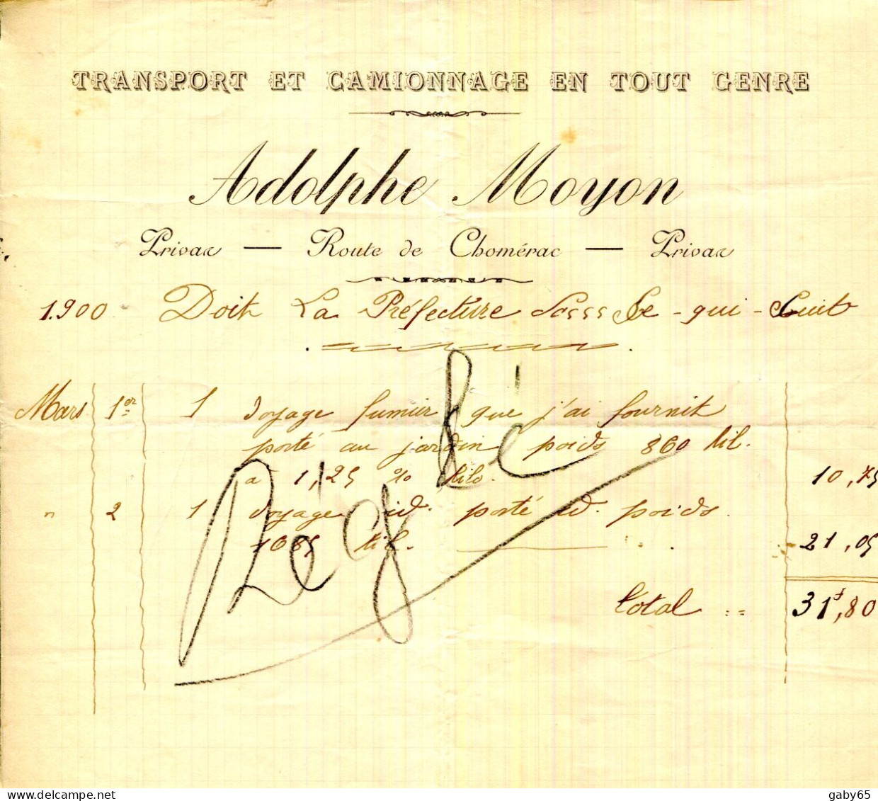 FACTURE.07.ARDECHE.PRIVAS.TRANSPORT ET CAMIONNAGE EN TOUS GENRE.ADOLPHE MOYON. - Verkehr & Transport