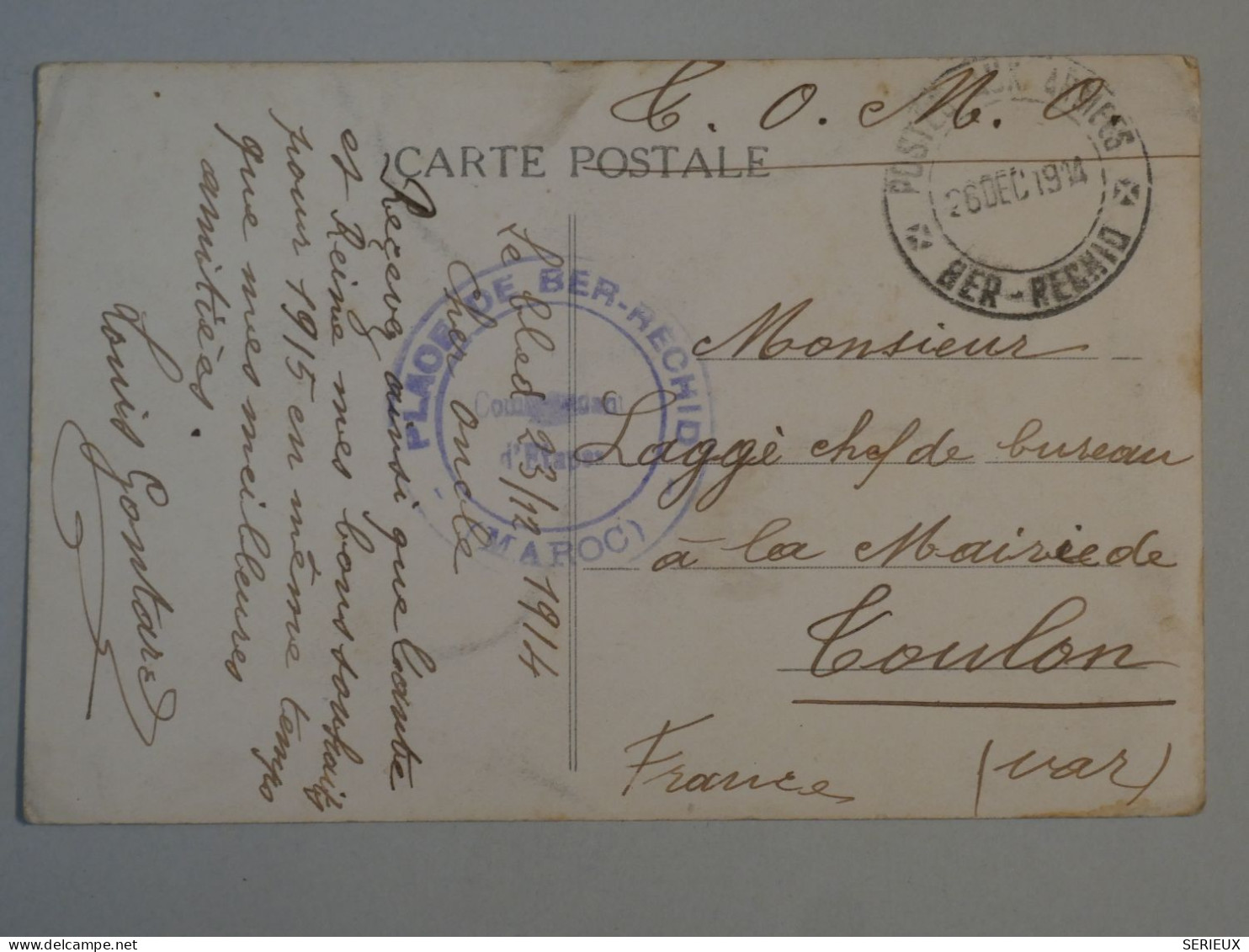 AX20  MAROC BELLE  CARTE TOMO. 1914 BER RECHID   A  TOULON  FRANCE + +  AFFR. INTERESSANT+ + - Lettres & Documents