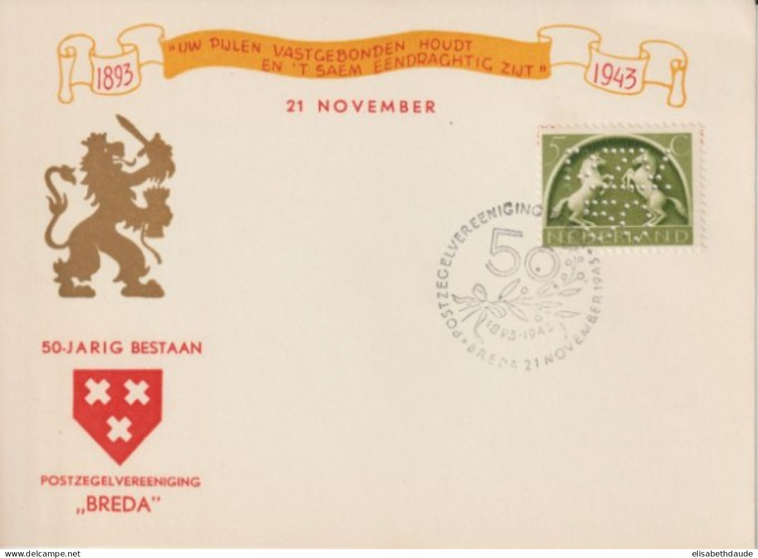NEDERLAND - 1943 - PERFIN / PERFORE Sur CP COMMEMORATIVE "50-JARIG BESTAAN - BREDA" - Brieven En Documenten