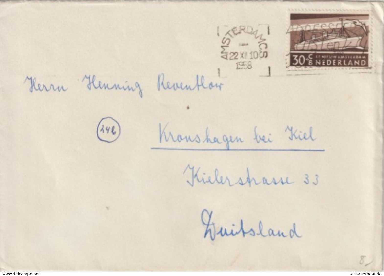 NEDERLAND - 1958 - SEUL SUR LETTRE ! ENVELOPPE De AMSTERDAM => KRONSHAGEN Bei KIEL (GERMANY) - Brieven En Documenten