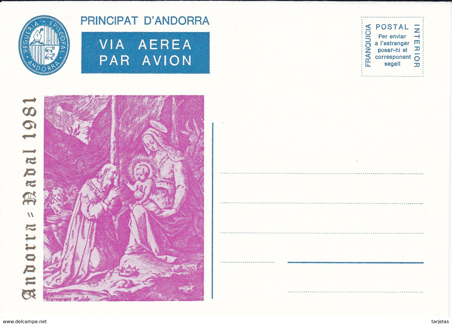 ANDORRA VEGUERIA EPISCOPAL AEROGRAMA - AÑO 1981 - NAVIDAD - CHRISTMAS - Episcopale Vignetten