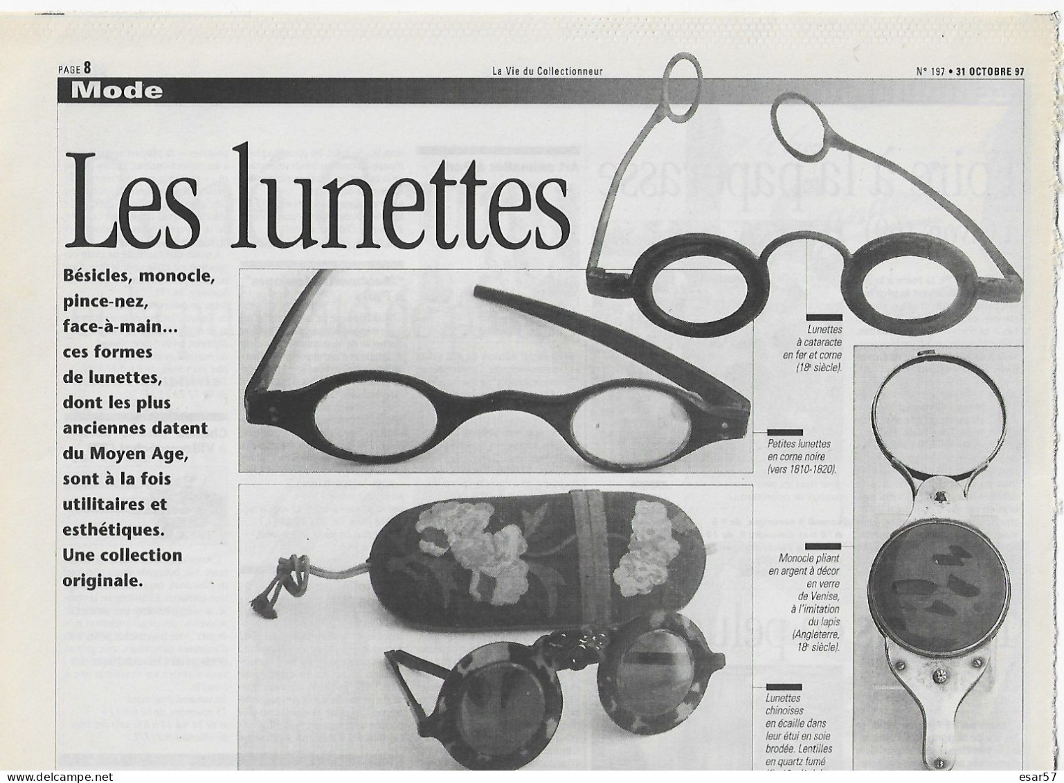 Les Lunettes   1 Article Extrait De La Vie Du Collectionneur - Brillen