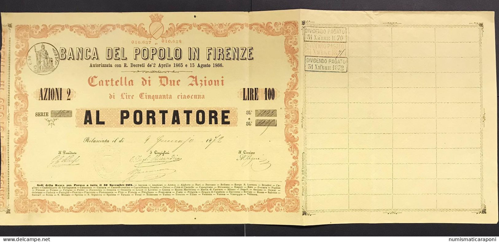 Banca Del Popolo In Firenze Cartella 2 Azioni Al Portatore 1872 Cod.bu.681 - A - C