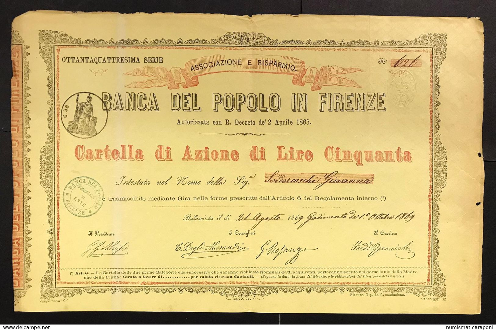 Banca Del Popolo In Firenze Cartella Di Azione Di Lire 50 1865 Cod.bu.682 - A - C