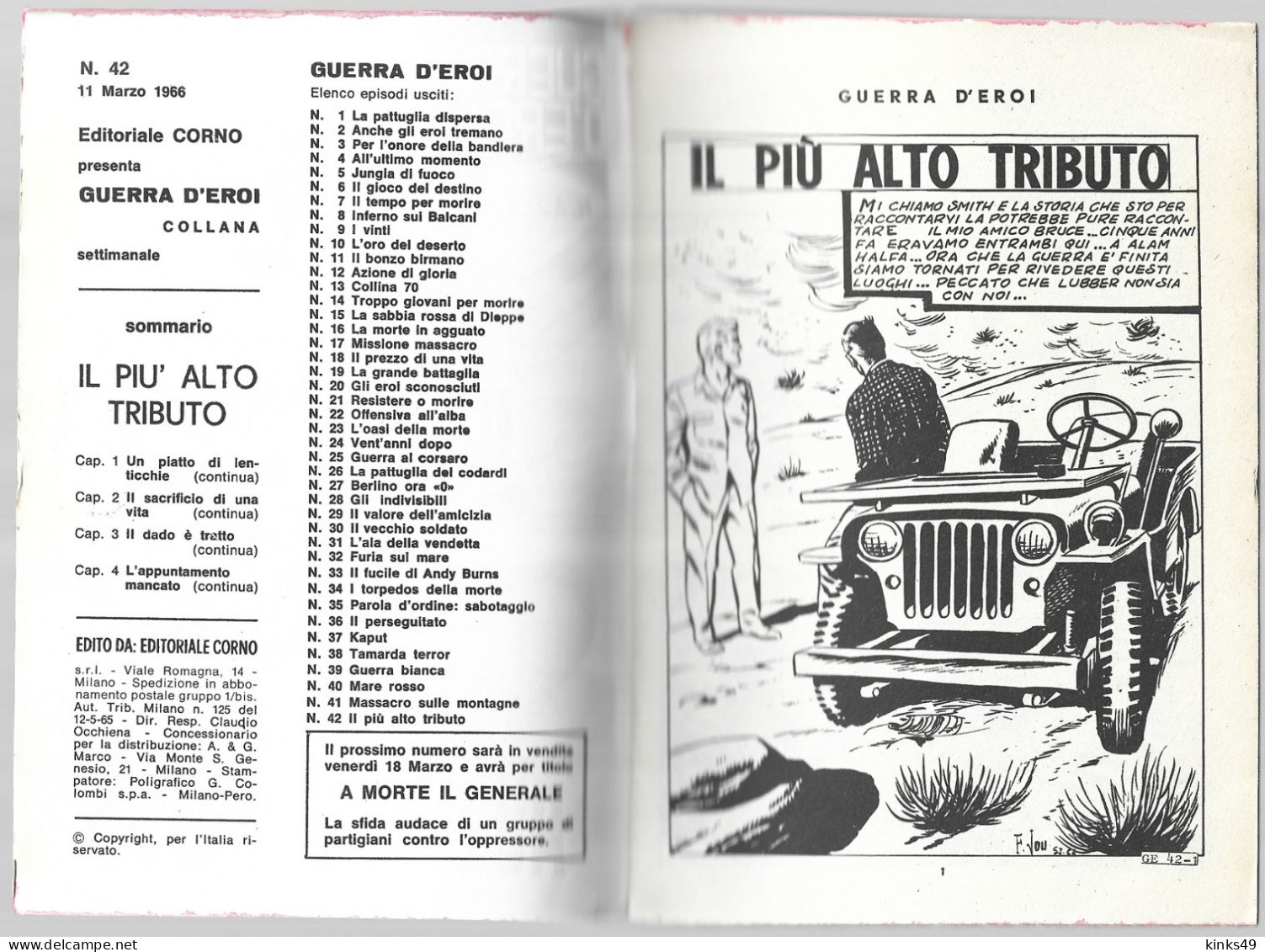 B016> GUERRA D'EROI = N° 42 Del 11 MARZO 1966 - Casa Editrice EDITORIALE CORNO - First Editions