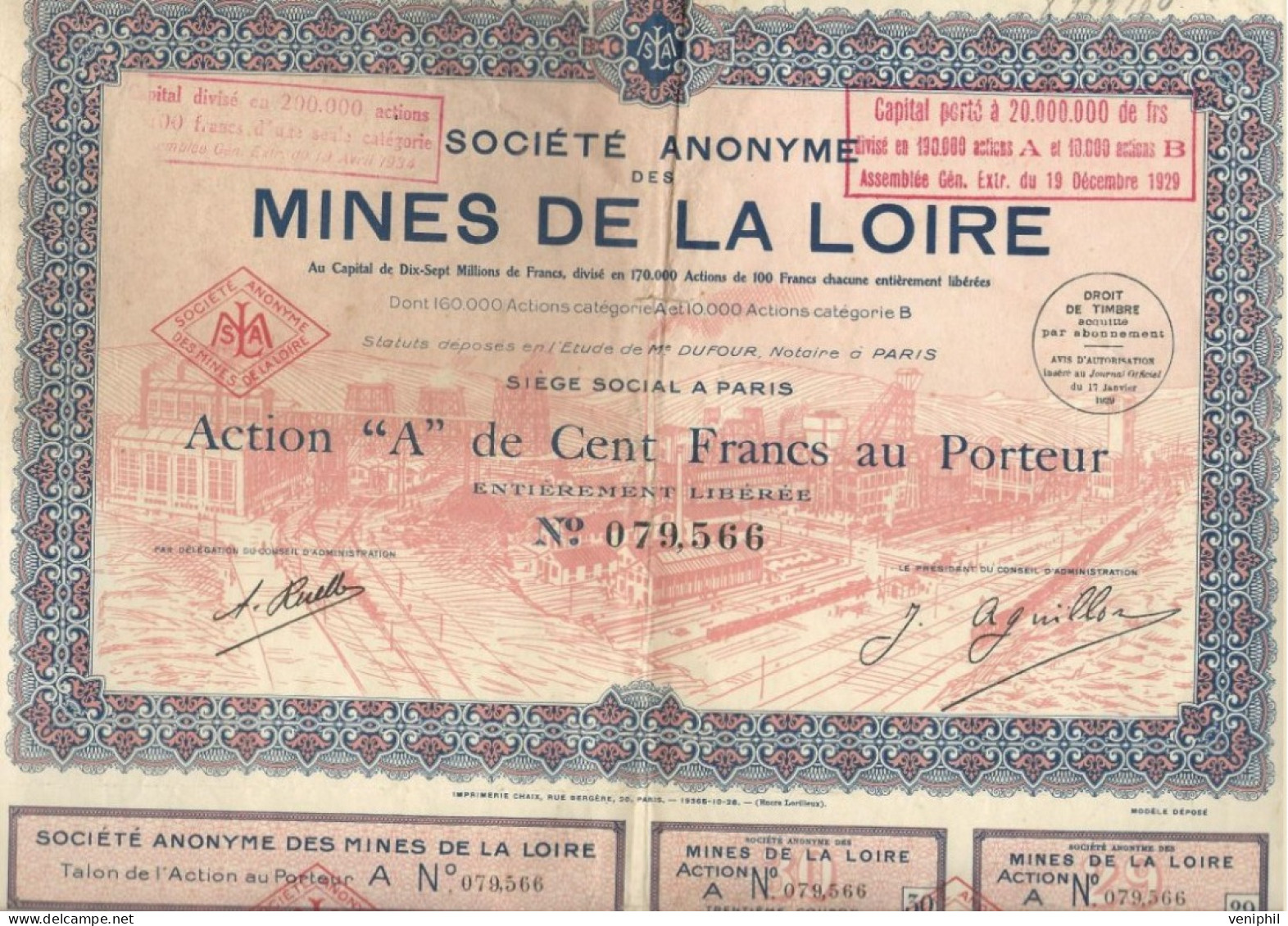 MINES DE LA LOIRE - ACTION A DE 100 FRS -ANNEE 1929 - Miniere