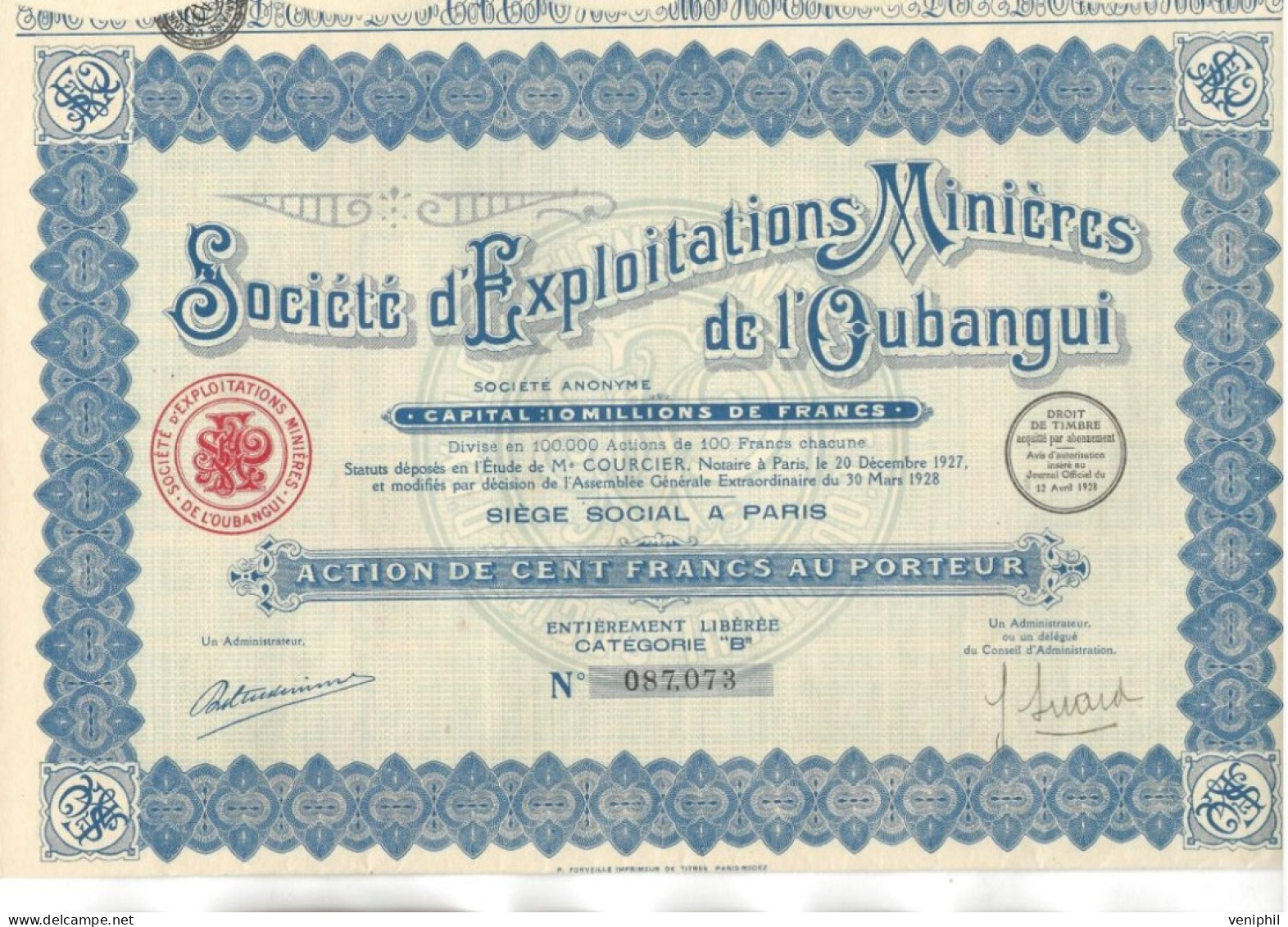 SOCIETE D'EXPLOITATIONS MINIERES DE L'OUBANGUI -ACTION DE CENT FRS CATEGORIE B -ANNEE 1928 - Miniere