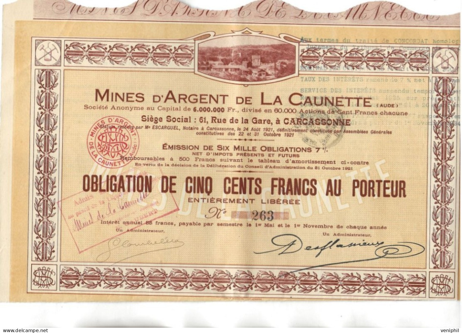 MINES D'ARGENT DE LA CAUNETTE - CARCASSSSONNE - OBLIGATION DE 500 FRS -ANNEE 1921 - Mijnen