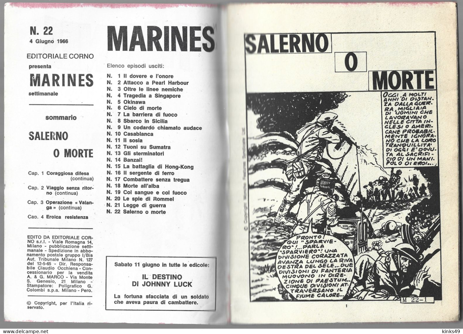 B015> MARINES = N° 22 Del 4 GIUGNO 1966 < Salerno O Morte > Casa Editrice EDITORIALE CORNO - Erstauflagen