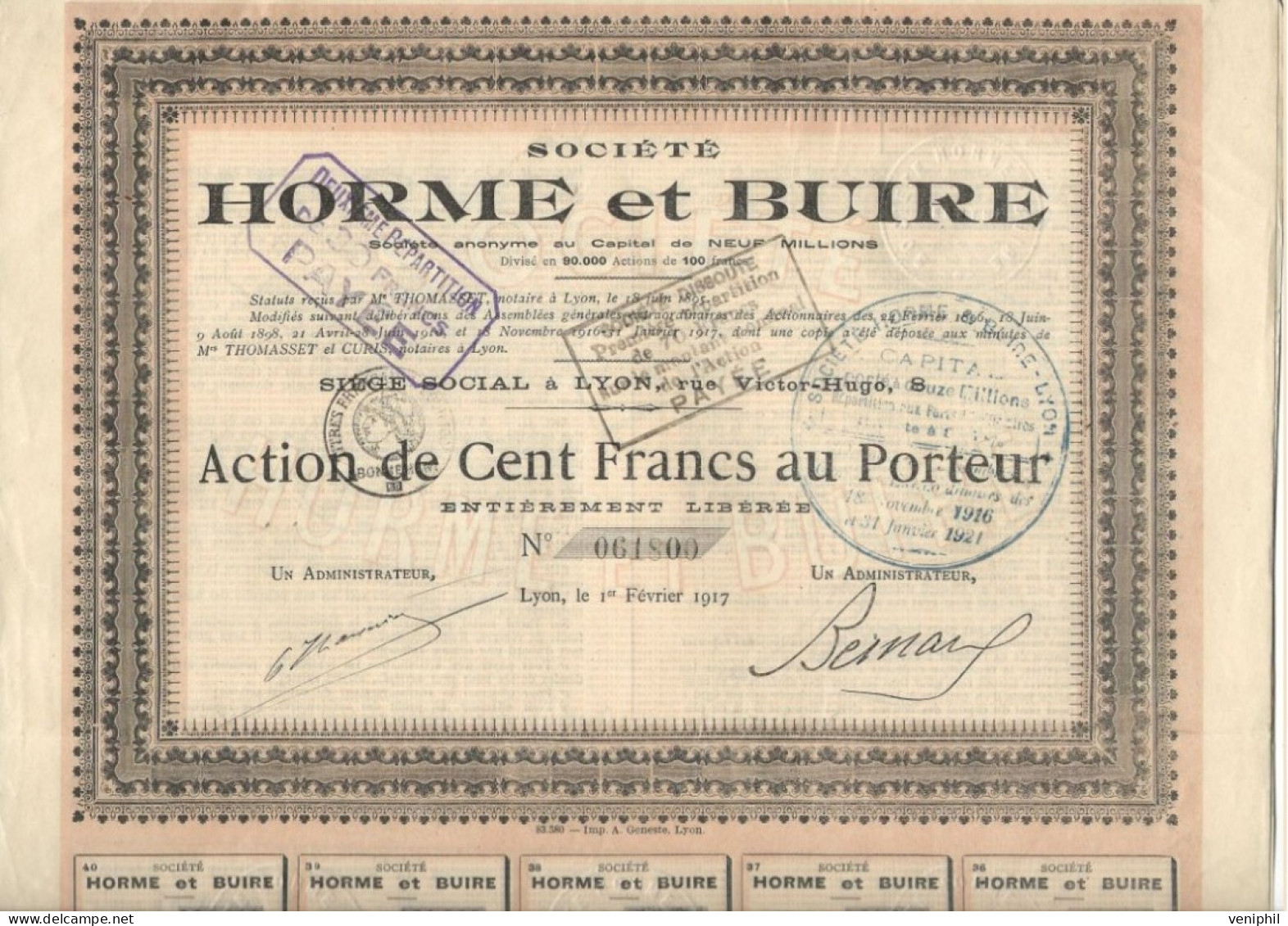 SOCIETE HORME ET BUIRE  LYON - LOT DE 3 ACTIONS DE 100 FRS - ANNEE 1917 - Industry