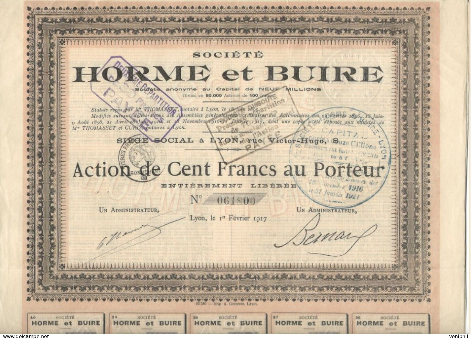 SOCIETE HORME ET BUIRE  LYON - LOT DE 3 ACTIONS DE 100 FRS - ANNEE 1917 - Industrial
