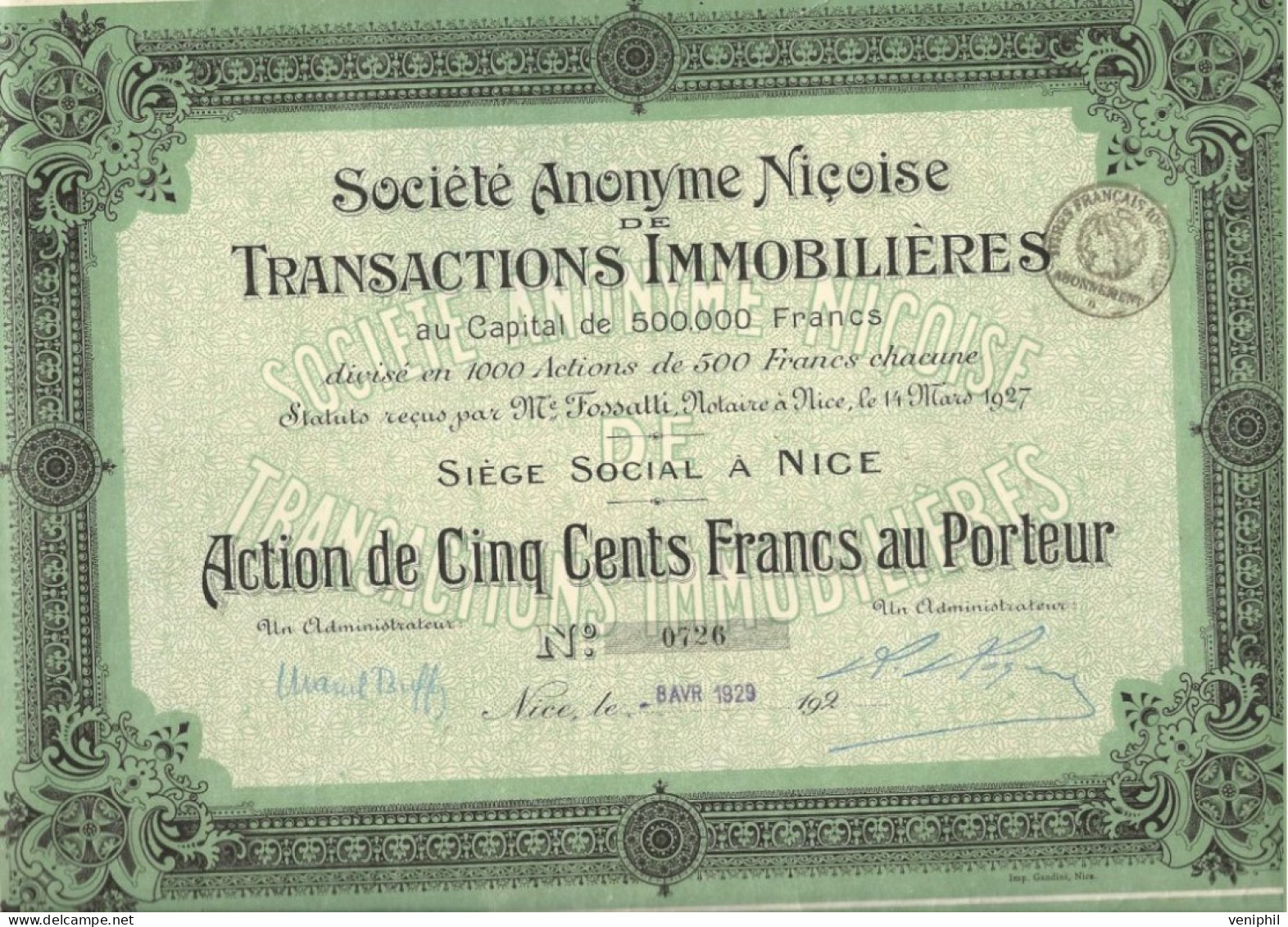 SOCIETE ANONYME NICOISE DE TRANSACTIONS IMMOBILIERES -DIVISE EN 1000 ACTIONS DE 500 FRS - ANNEE 1929 - Altri & Non Classificati