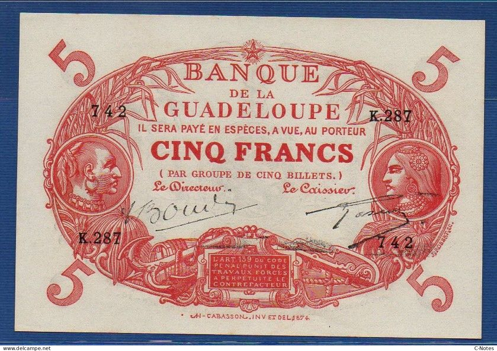 GUADELOUPE - P. 7e – 5 Francs ND (1945) UNC-, Serie K.287 742 - Sonstige – Amerika