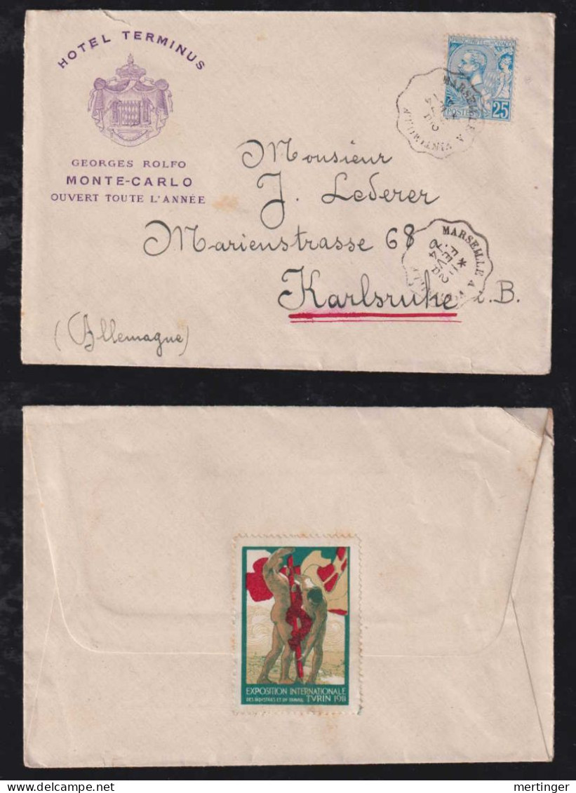 Monaco 1914 Advertising Cover HOTEL TERMINUS MONTE CARLO X KARLSRUHE Germany Railway Postmark - Brieven En Documenten