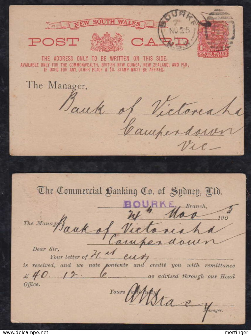 New South Wales Australia 1905 Stationery Postcard BOURKE X CAMPERDOWN Private Imprint Commercial Banking Co - Brieven En Documenten
