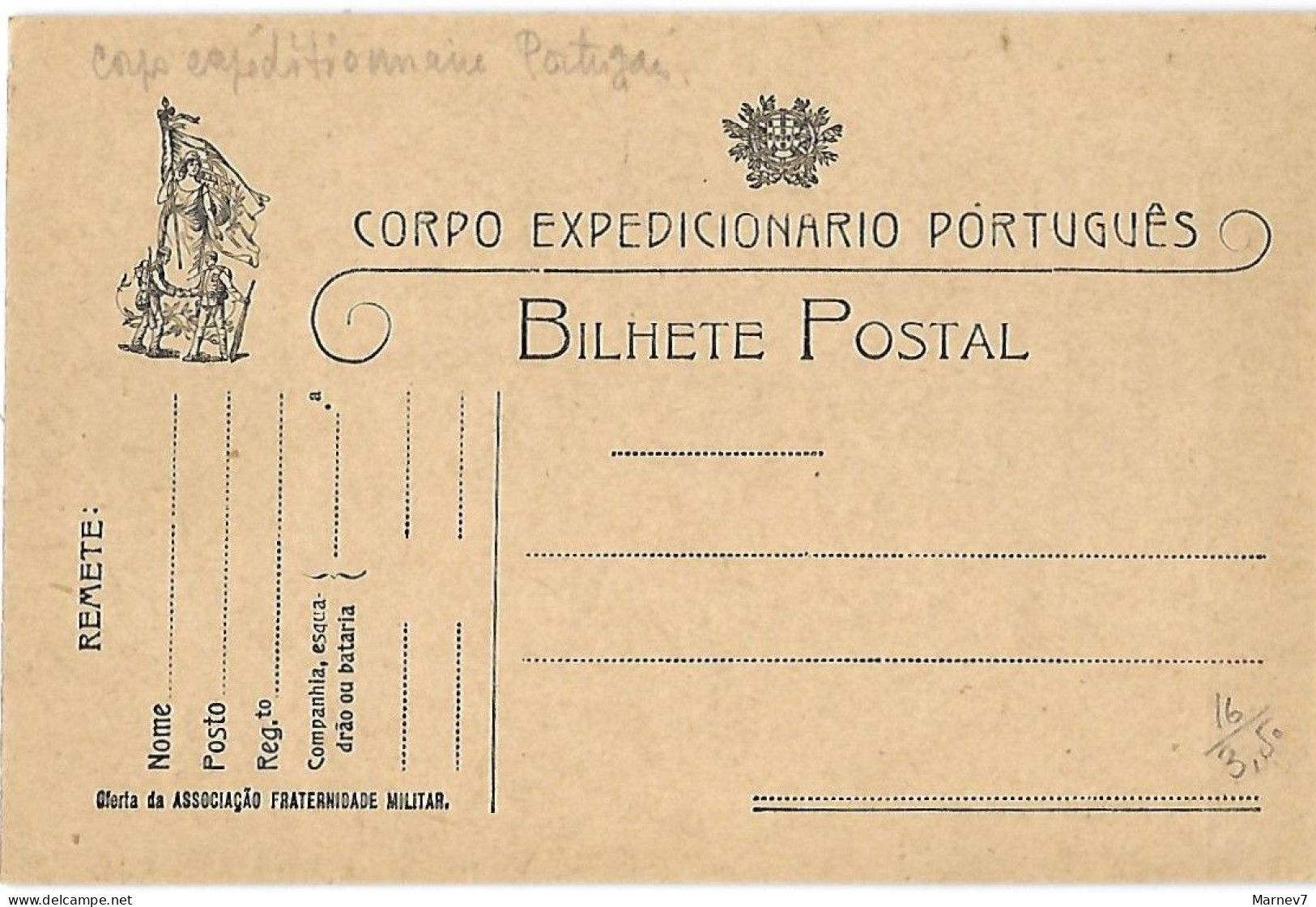 BILHETE POSTAL - Carte Postale Portugaise - Portugal -CORPO EXPEDICIONARIO PORTUGUES - Oferta - Franchise Militaire - Cartas & Documentos