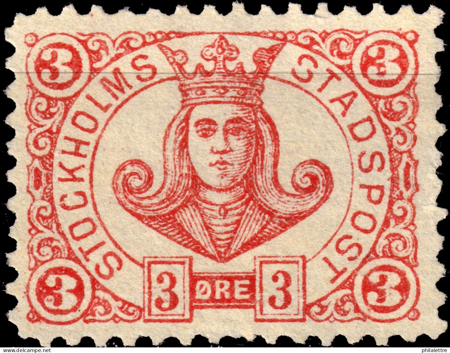 SUÈDE / SWEDEN - Local Post STOCKHOLM 3øre Red (1887 Danish Spelling) - No Gum - Local Post Stamps