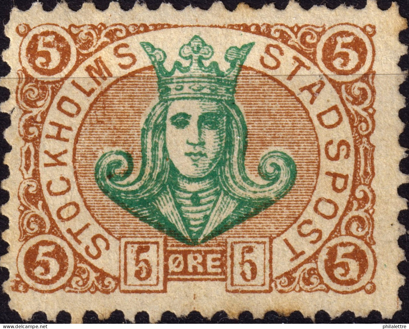 SUÈDE / SWEDEN - Local Post STOCKHOLM 5øre Green & Yell.-brown (1887 Danish Spelling) - No Gum - Local Post Stamps