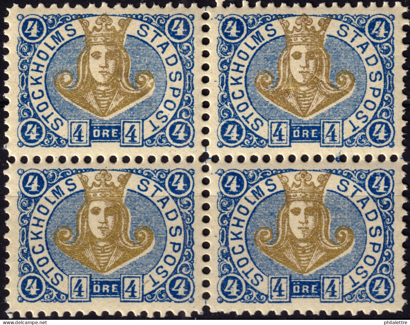 SUÈDE / SWEDEN - Local Post STOCKHOLM Block Of 4x4öre Gold & Blue (1887) - Mint NH** - Lokale Uitgaven