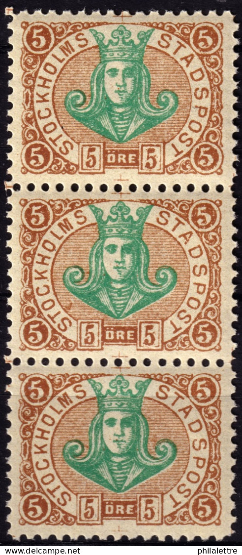 SUÈDE / SWEDEN - Local Post STOCKHOLM Strip Of 3x5öre Green & Yell.-brown (1887) - Mint NH** - Emisiones Locales