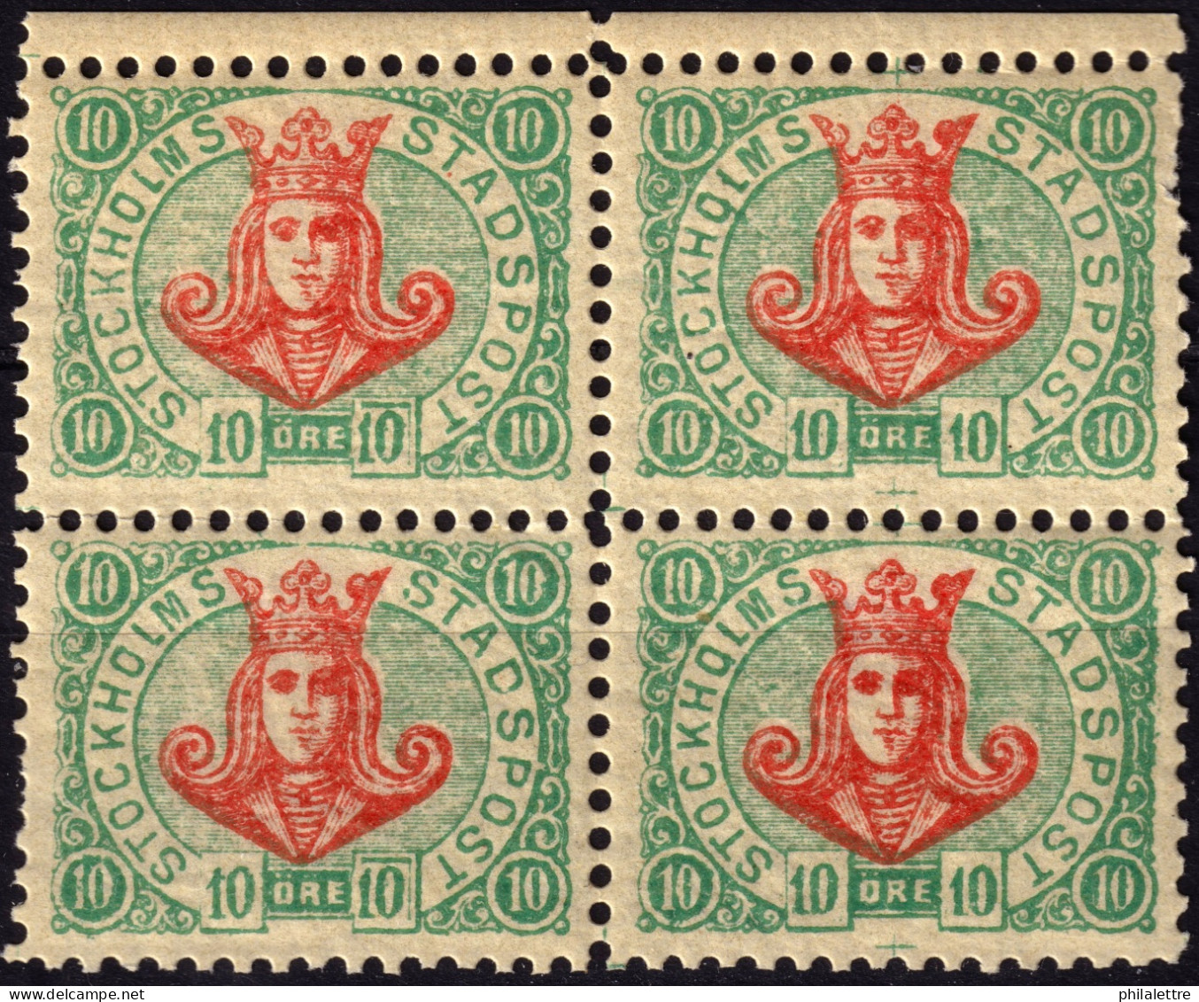 SUÈDE / SWEDEN - Local Post STOCKHOLM Block Of 4x10öre Red & Green (1887) - Mint NH** - Emisiones Locales