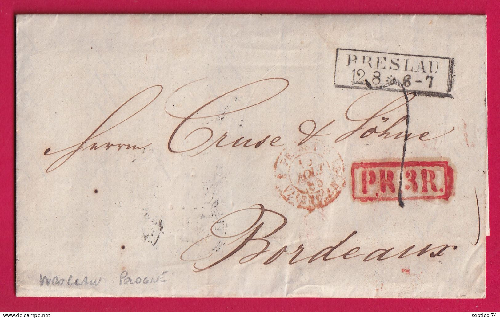 POLOGNE MARQUE PRESLAU WROCLAW ALLEMAGNE PRUSSE 1855 MARQUE PR3R POUR BORDEAUX LETTRE COVER - ...-1860 Voorfilatelie