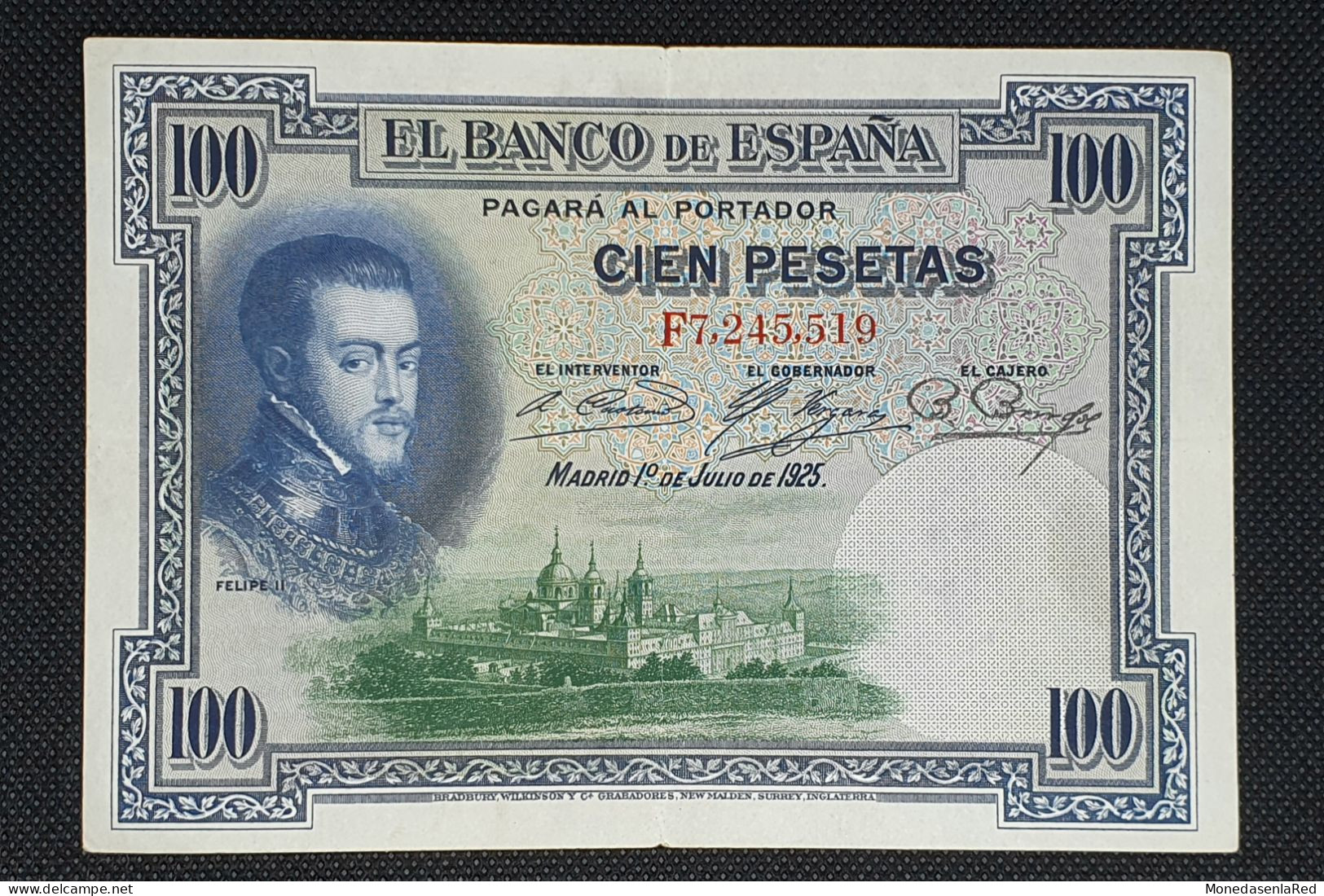 ESPAÑA BILLETE 100 PESETAS 1925 FELIPE II - SERIE F - EBC- / XF- - 100 Peseten