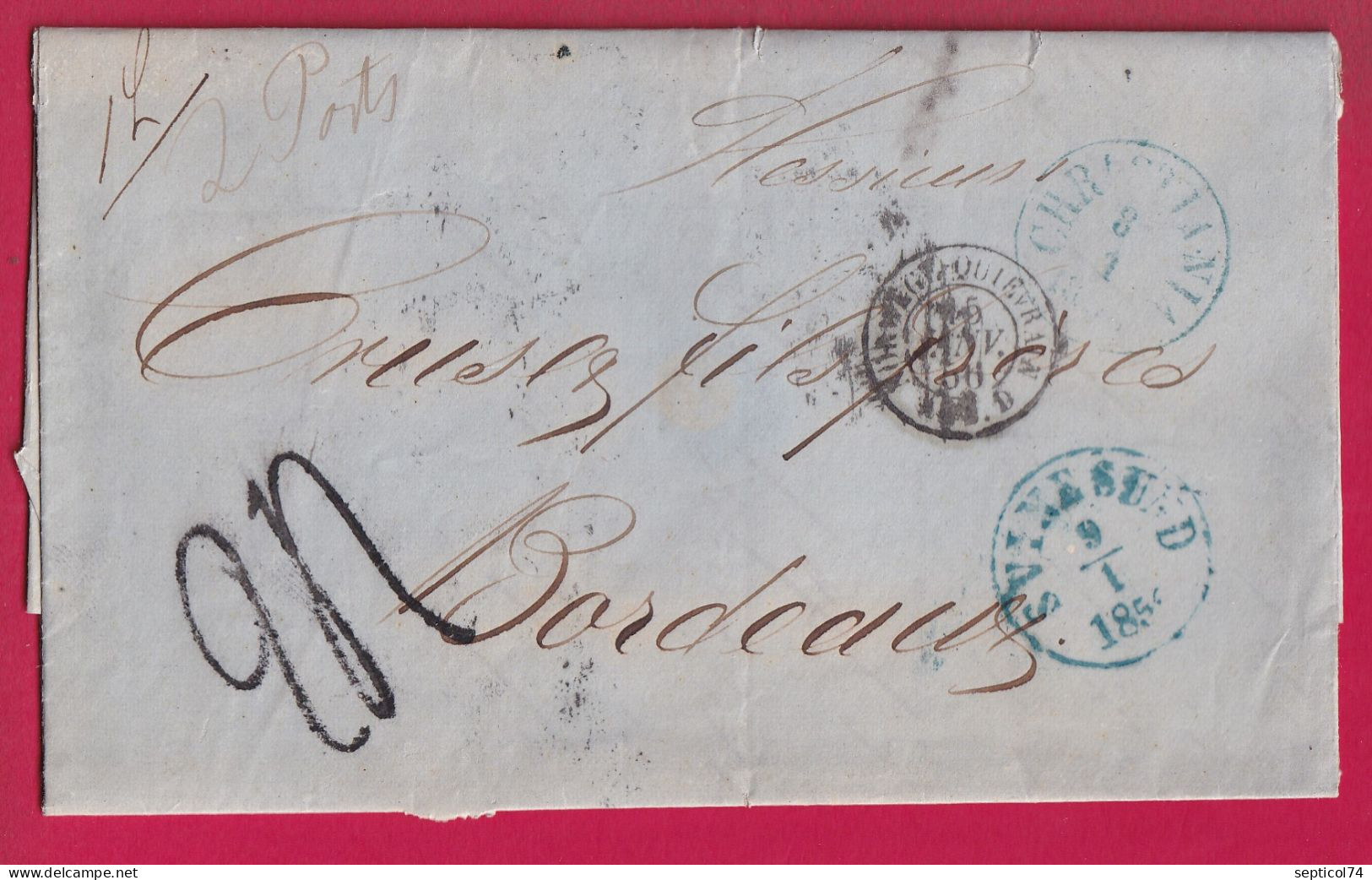 DANEMARK CHRISTIANA COPENHAGUE 1856 + SVINESUND SUEDE SWEDEN POUR BORDEAUX TAXE TAMPON 24 LETTRE COVER - ...-1851 Prephilately