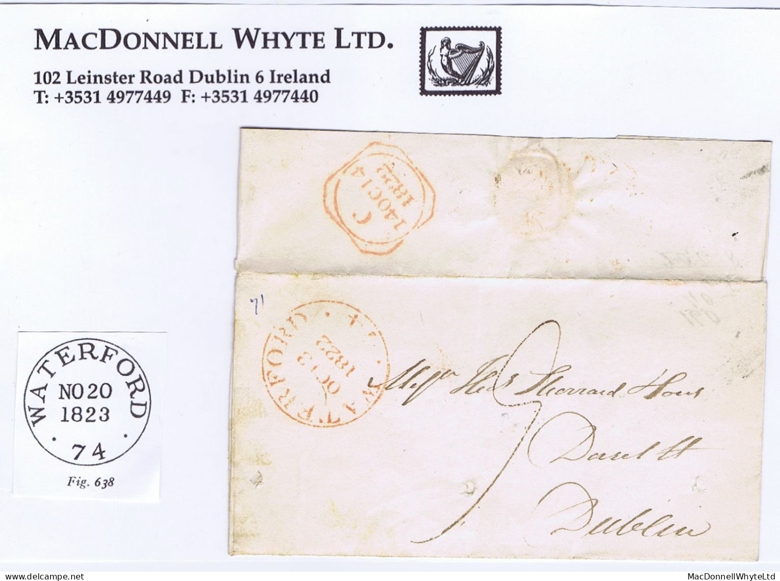 Ireland Waterford 1822 Large Town Mileage Cds WATERFORD/74 In Red For OC 13 1822 On Cover To Dublin Paid "9" - Prefilatelia
