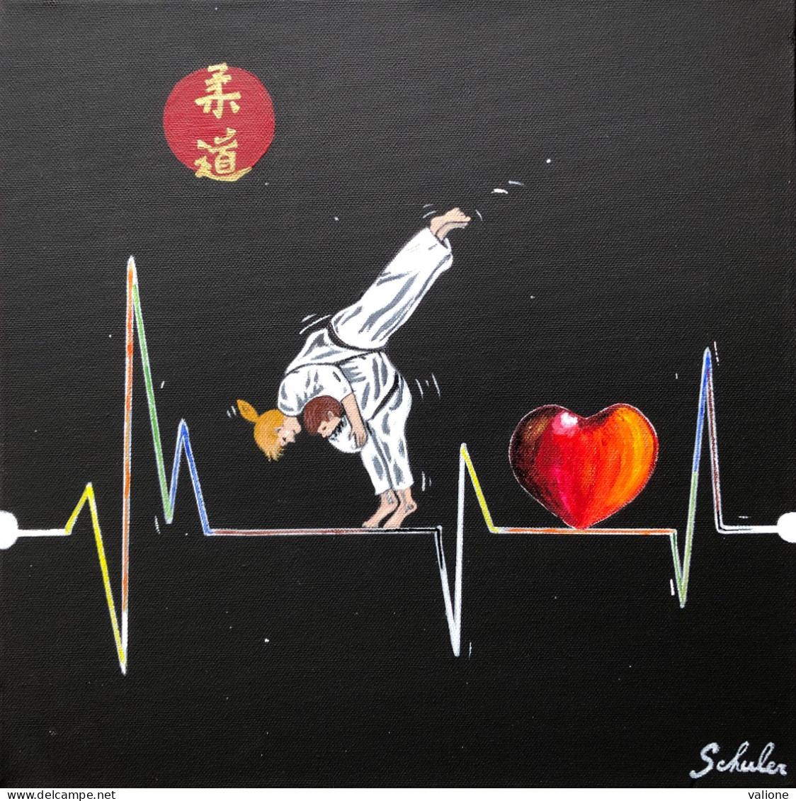 Tableau De Peinture I Love Judo, Mon Coeur Bat Pour Le Judo Oeuvre Originale Et Unique Signée SCHULER - Kampfsport