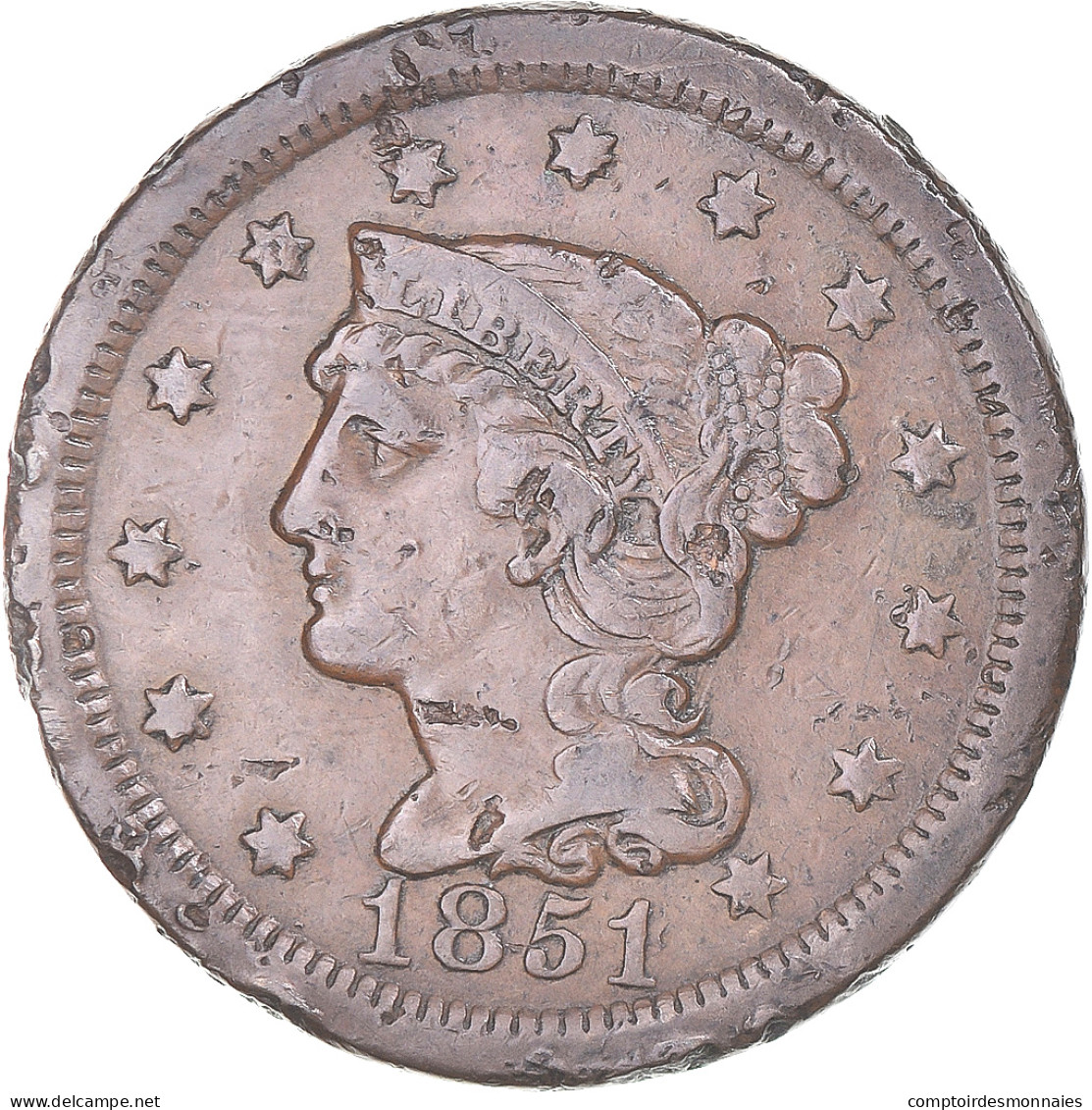 Monnaie, États-Unis, Cent, 1851, Philadelphie, TTB, Copper-Zinc - 1840-1857: Braided Hair (Cheveux Tressés)