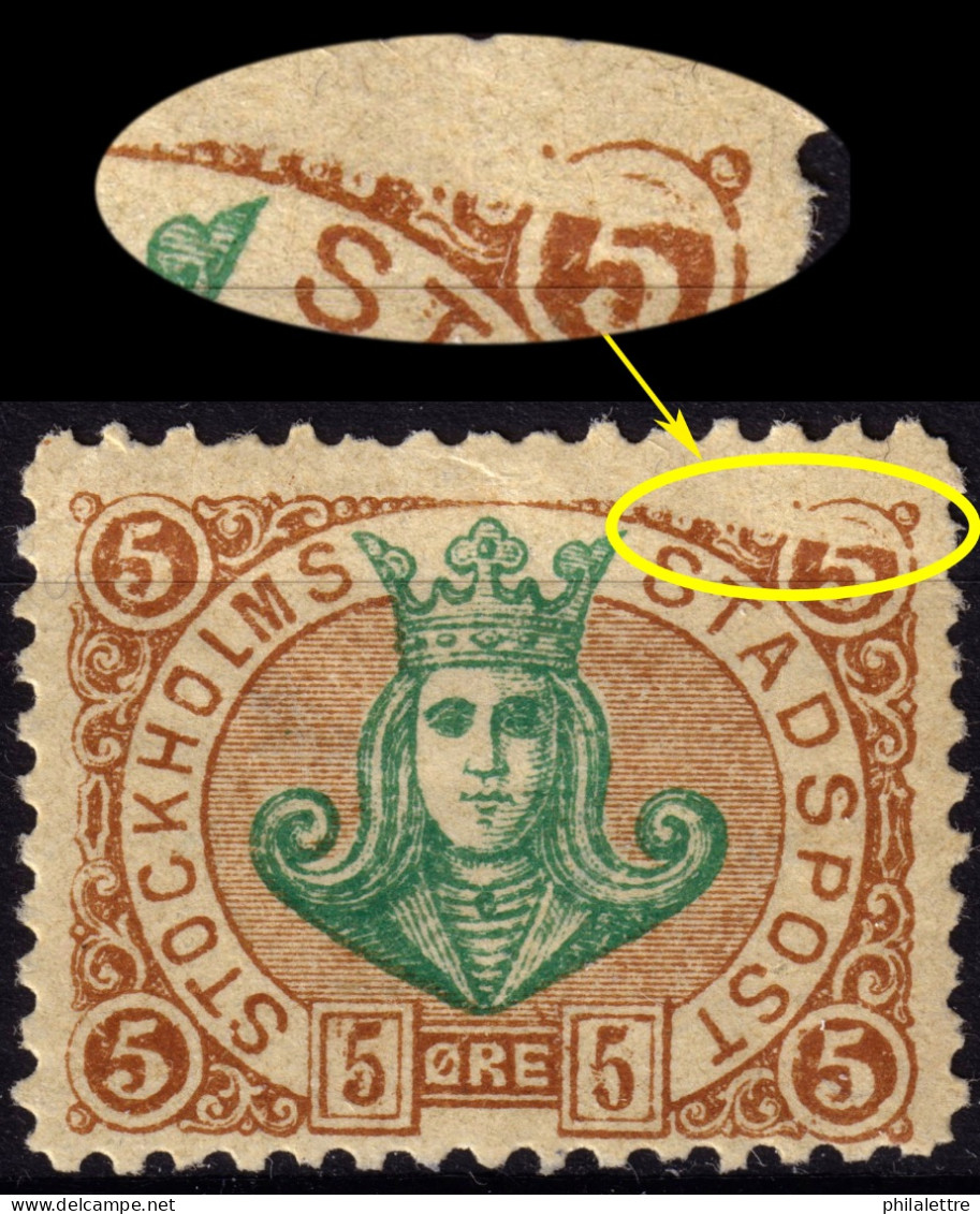 SUÈDE / SWEDEN - Local Post STOCKHOLM Plate Flaw On 5øre Green & Yell.-brown (1887 Danish Spelling) * - Emissions Locales