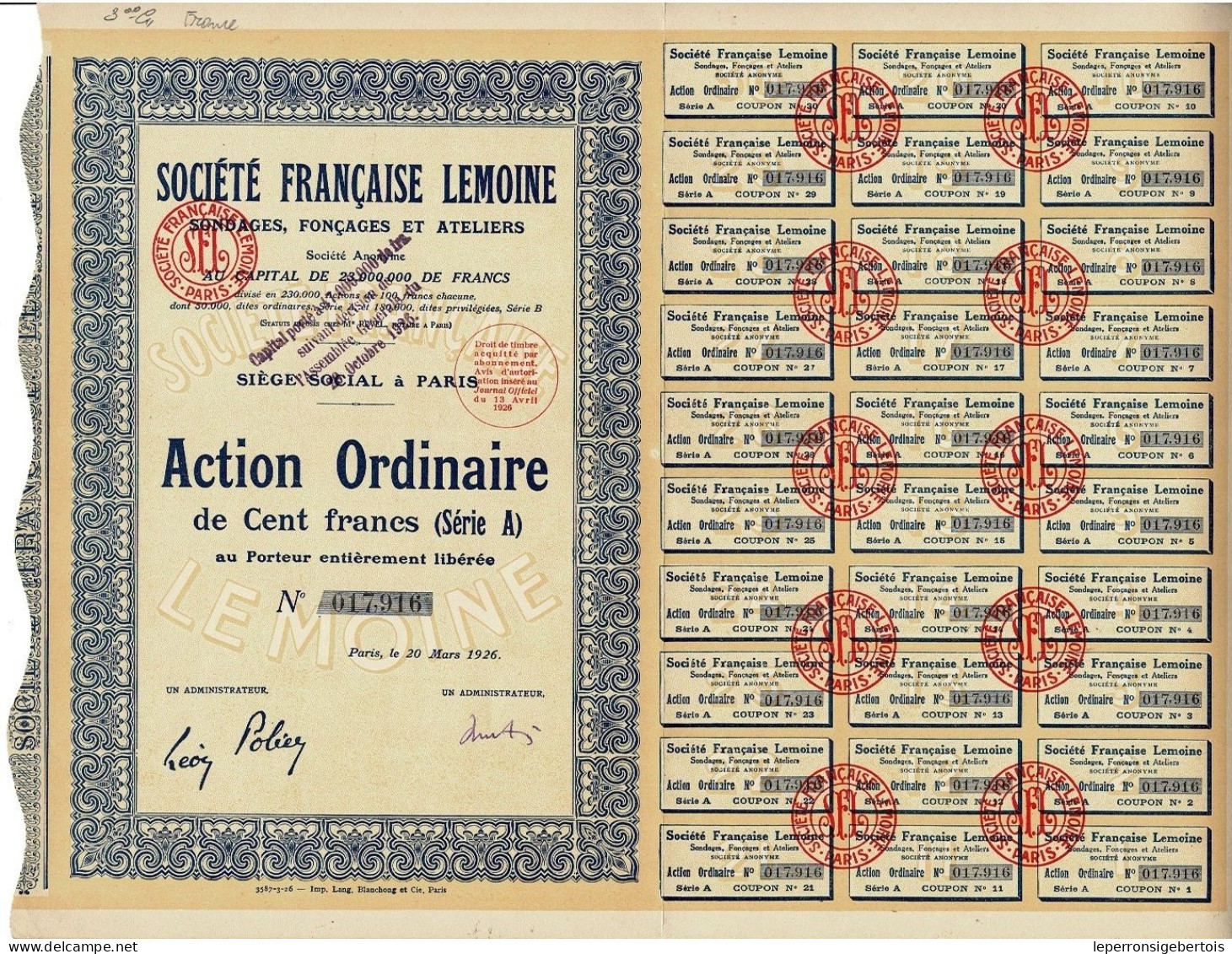 -Titre De 1926 - Société Française Lemoine - Sondages, Fonçages Et Ateliers - - Textiel