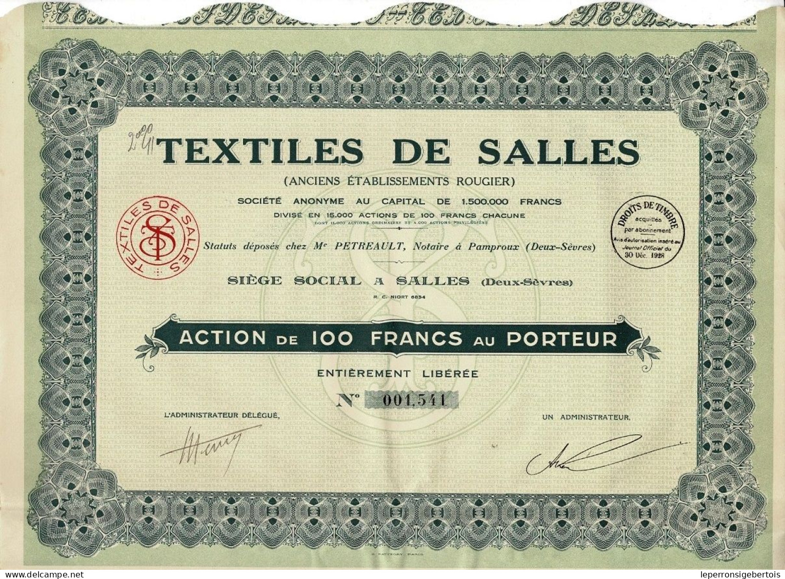-Titre De 1928 - Textiles De Salles - Anciens Etablissements Rougier - - Textil