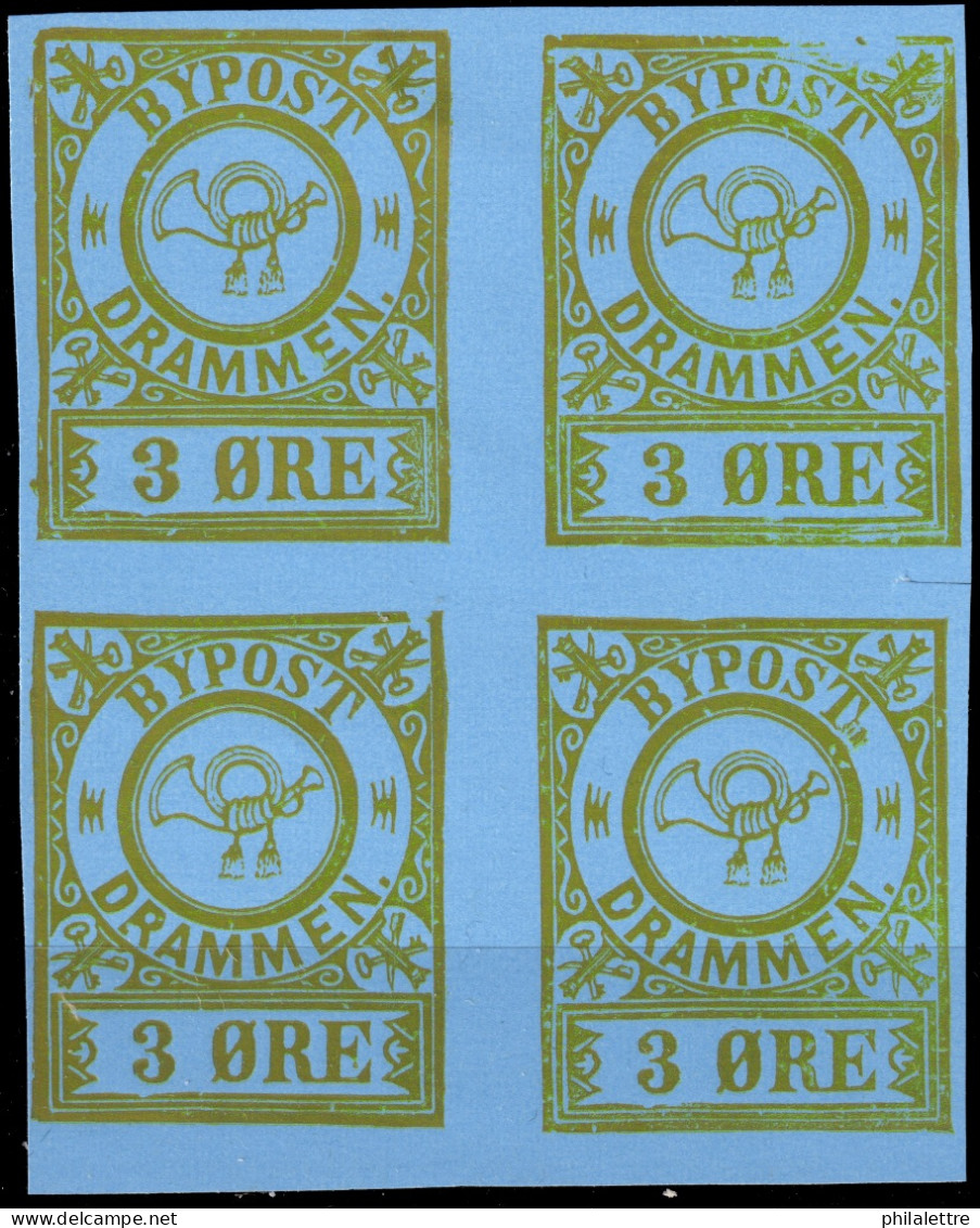 NORVÈGE / NORWAY - Local Post DRAMMEN 3øre Gold/blue Imperf. Block Of 4 - 1976 Reprint - Mint NH** - Emissioni Locali