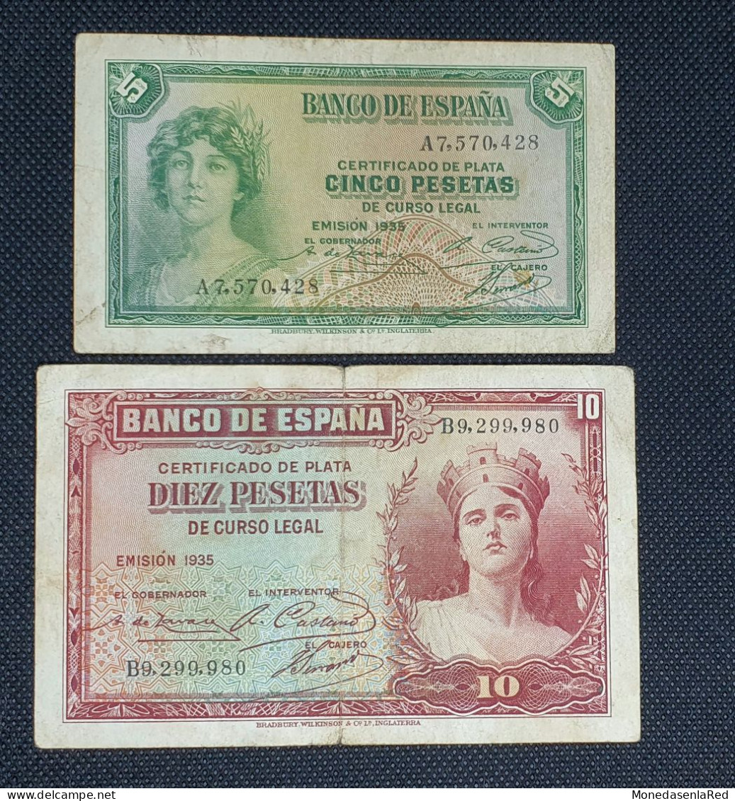 ESPAÑA PAREJA REPÚBLICA 5 Y 10 PESETAS 1935 / CERTIFICADO DE PLATA / MBC//VF - 100 Pesetas