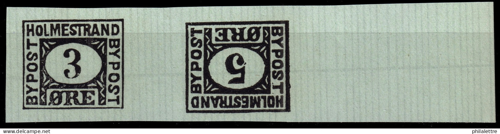 NORVÈGE / NORWAY - Local Post HOLMESTRAND 3 & 5øre Black On Light Green Reprint Tête-bêche - No Gum - Local Post Stamps