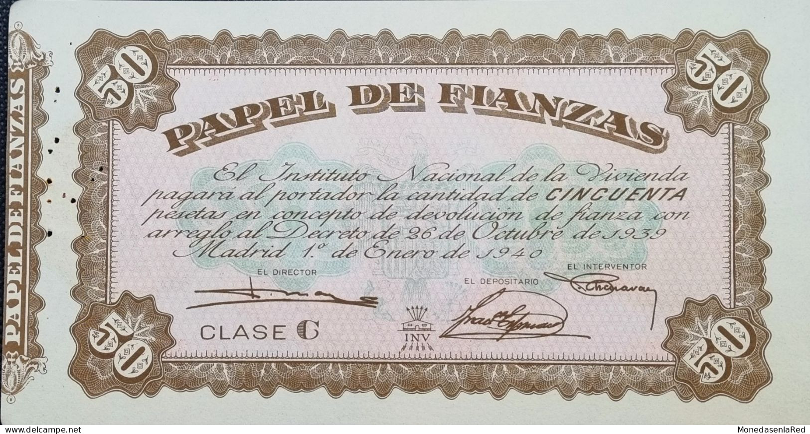 ESPAÑA 50 PESETAS ENERO 1940 / PAPEL DE FIANZAS SERIE A // SC/UNC - 50 Pesetas