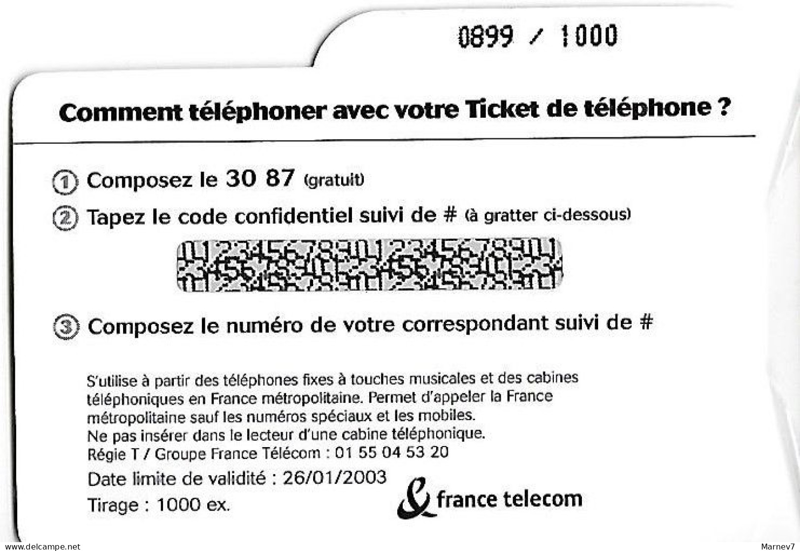 Télécarte - Le Ticket De TELEPHONE - échantillon 3 Mn - France Télécom - 2001 - Telefoon