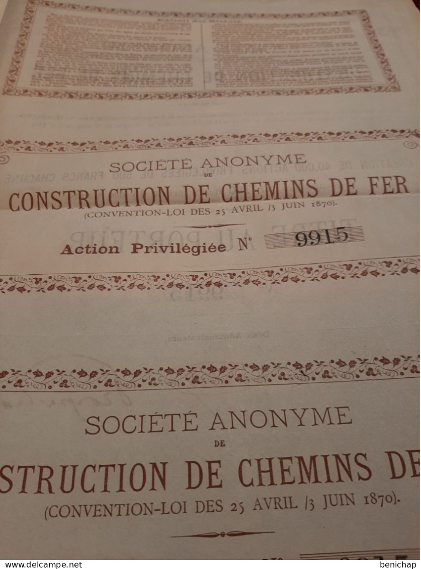 Société Anonyme De Construction De Chemins De Fer - Titre Au Porteur - Action Privilégiée - Bruxelles  Avril 1874. - Chemin De Fer & Tramway