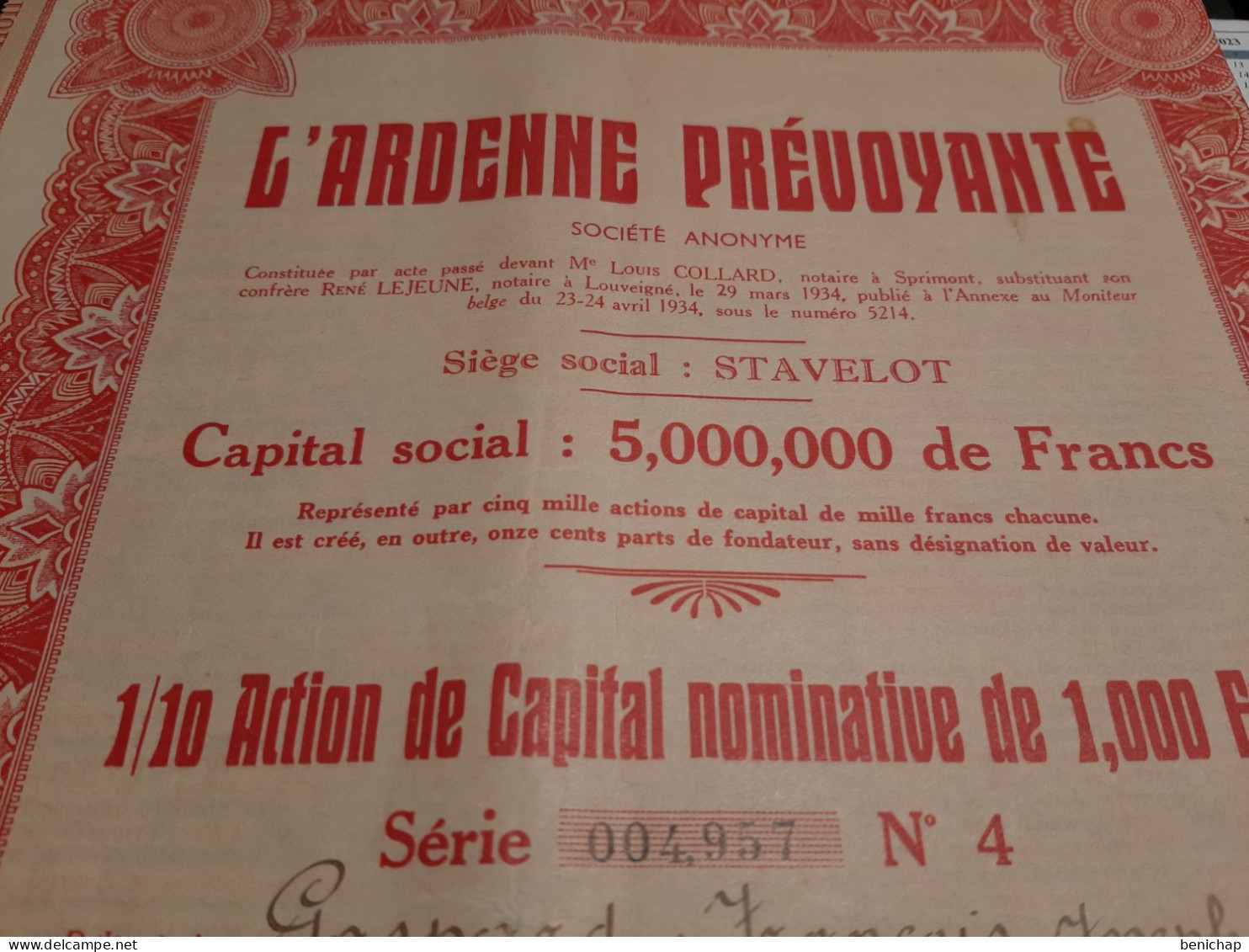 L'Ardenne Prévoyante S.A. - 1/10 Action De Capital Nominative De 1000 Frs - Stavelot - Grand-Halleux  29 Mars 1934. - Bank & Insurance