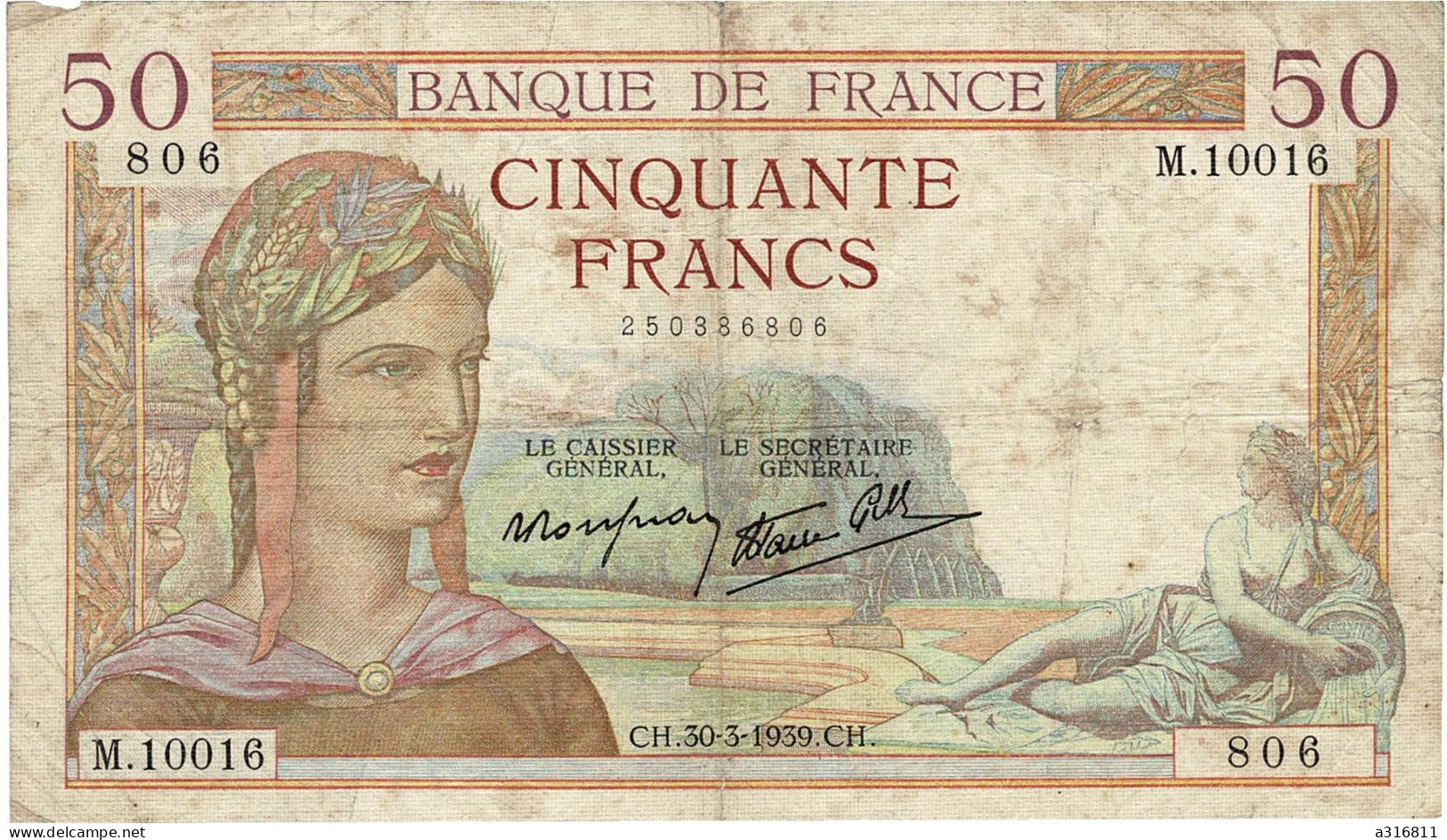 Billet De Cinquante Francs 1939 - 50 F 1934-1940 ''Cérès''