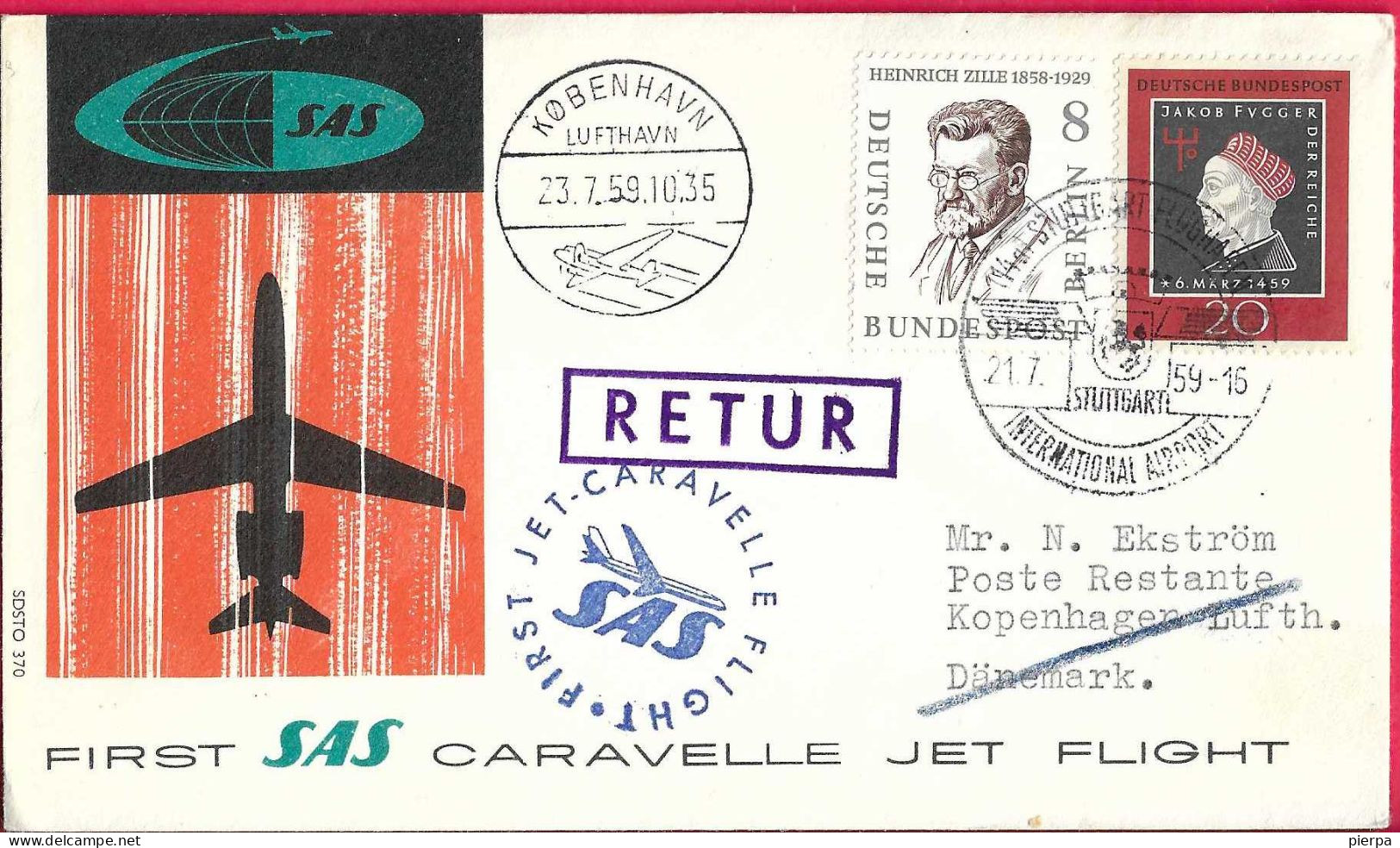 GERMANY - FIRST CARAVELLE FLIGHT - SAS - FROM STUTTGART TO KOBENHAVN*21.7.59* ON OFFICIAL COVER - Premiers Vols