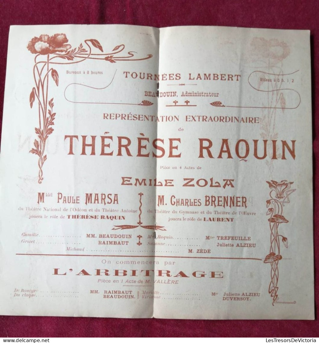 Tournées Lambert - Adminit. E. Beauduin - Thérèse Raquin D'Emile Zola - Illustration Perrette - Programmes