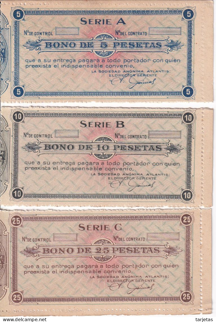 LOTE DE 3 BILLETES BONO DE LA SOCIEDAD ANONIMA ATLANTIS DE 5-10 Y 25 PESETAS (VALE) - Altri & Non Classificati