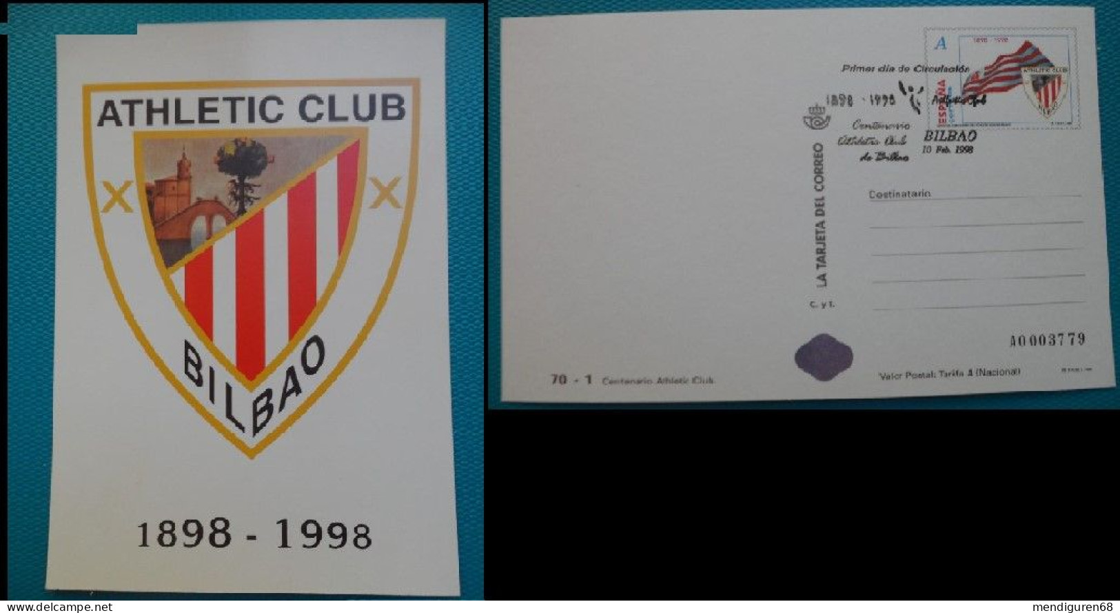 ESPAGNE SPANIEN SPAIN ESPAÑA 1998  ATHLETIC BILBAO FOOTBALL CLUB POSTCARD FDC ED 3530 YT 3104 MI 3369 SG 3466 SC 2929 - Clubs Mythiques