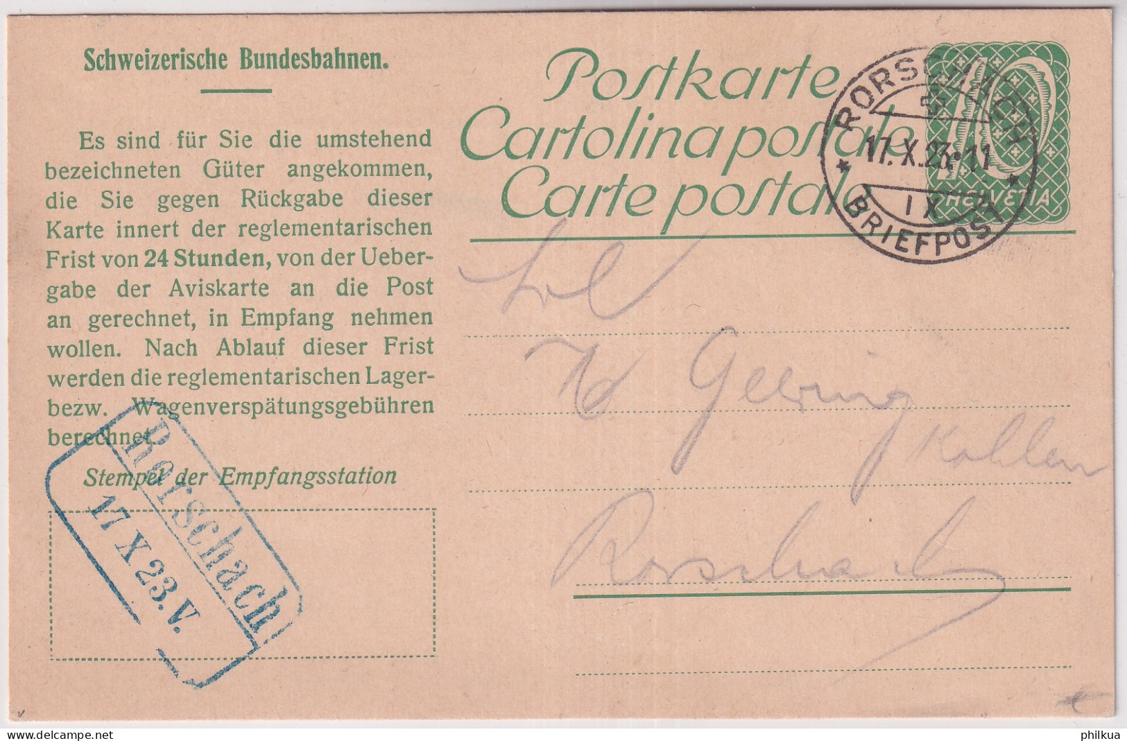 Postkarte Mit Zudruck SCHWEIZERISCHE BUNDESBAHNEN - Mit Post- Und Blauem Bahnstempel RORSCHACH - Spoorwegen